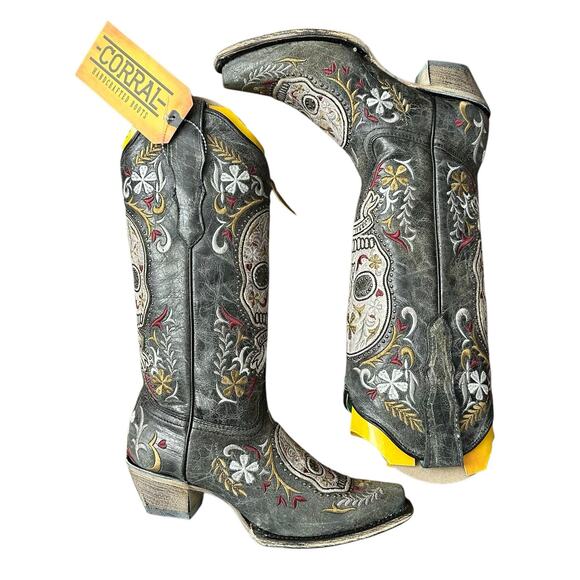 CORRAL Women’s 6.5 SUGAR SKULL EMBROIDERY WESTERN BOOTS - Snip Toe, Embellished - Picture 1 of 11